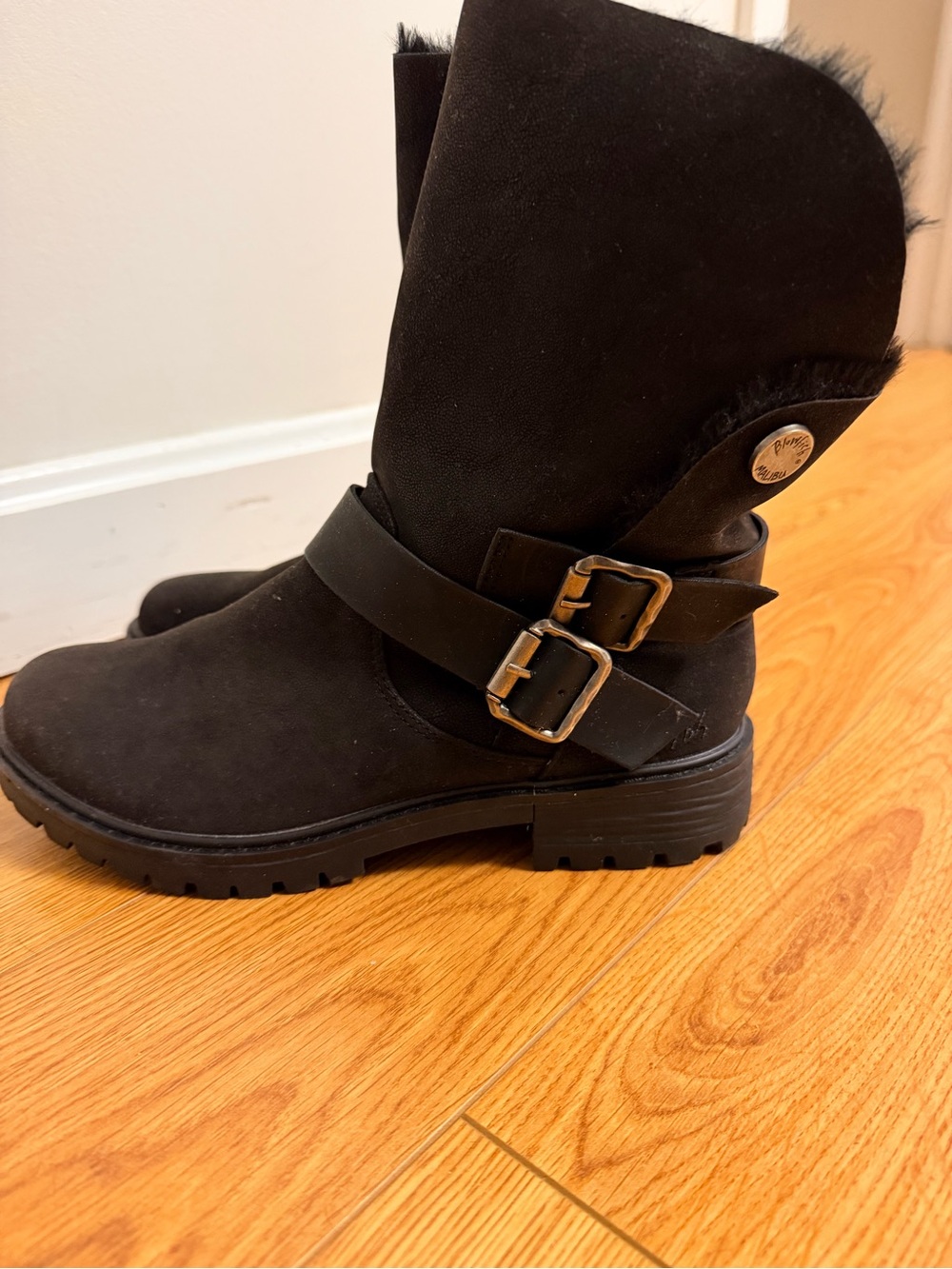 Blowfish Black Faux-Suede Buckle Ankle Boots